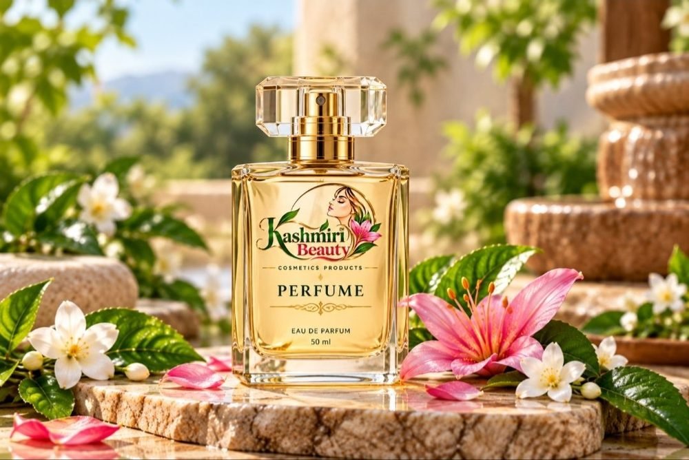 Kashmiri Beauty Eau de Parfum bottle among flowers